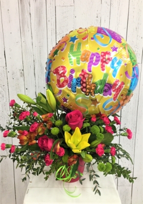 Show details for Birthday Bouquet with Balloon  Picture of Birthday Bouquet with Balloon
